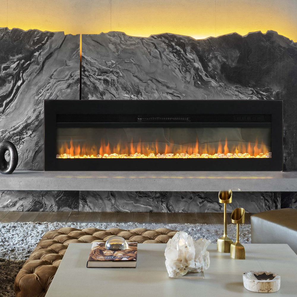 70/80 Inch Electric Fireplace Wall Mounted Recessed Into Fire 9 Fuel Bed Color