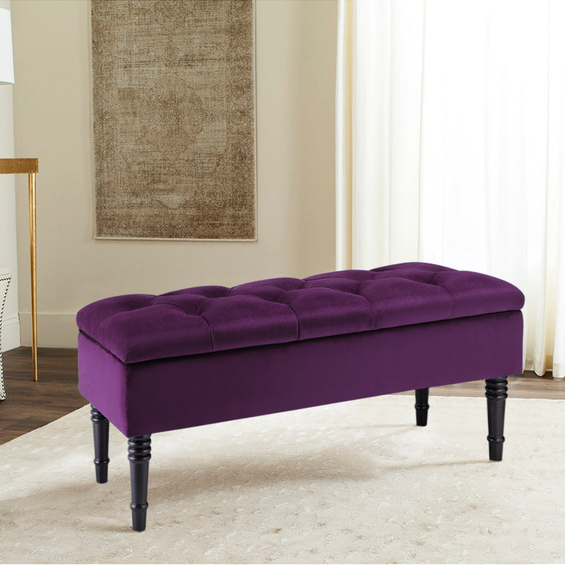 Living Room Storage Bench Velvet Padded Seat Bench with Rubberwood Legs