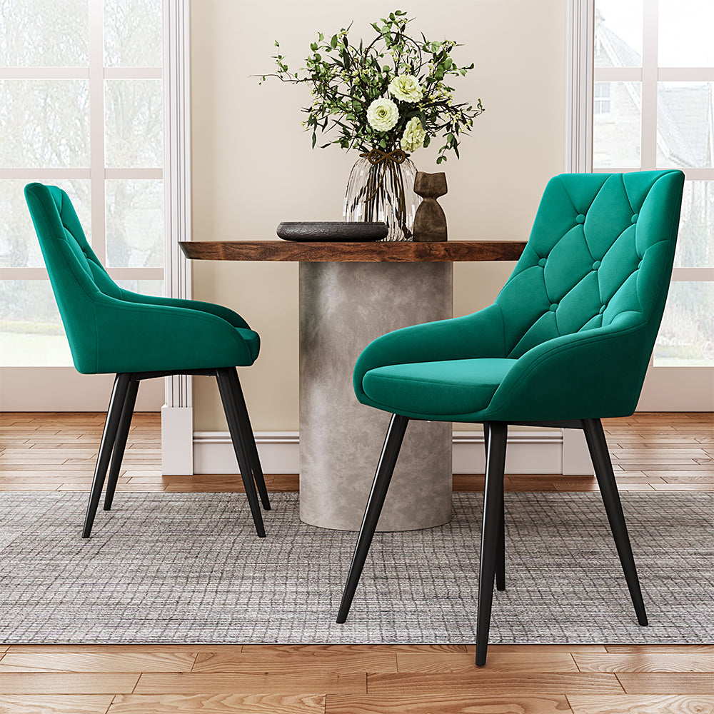 Buttoned Velvet Upholstered Dining Chair with Metal Legs Set of 2