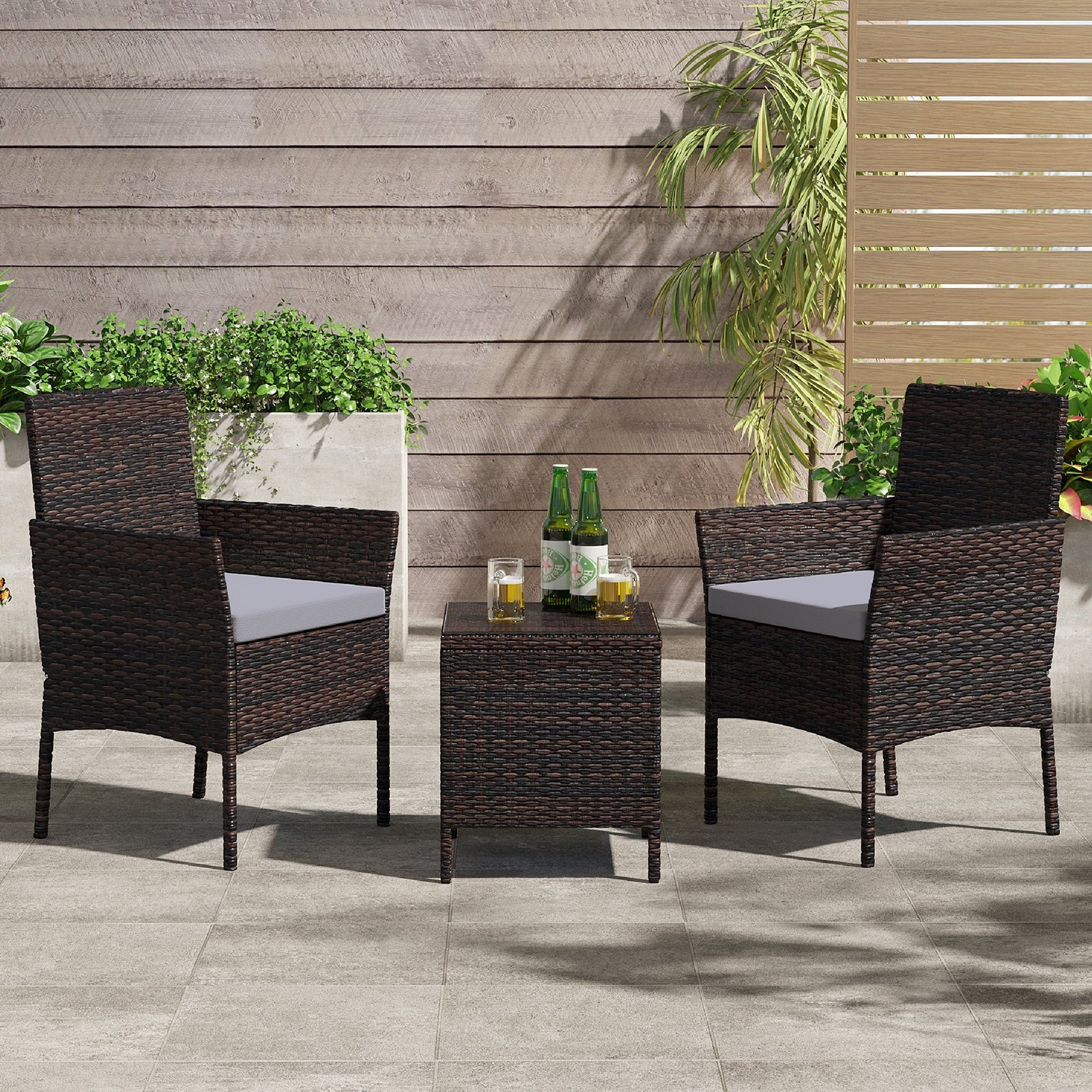 3 Pcs Outdoor Patio Rattan Furniture Set Modern Bistro Chairs and Side Table Set, PM1087